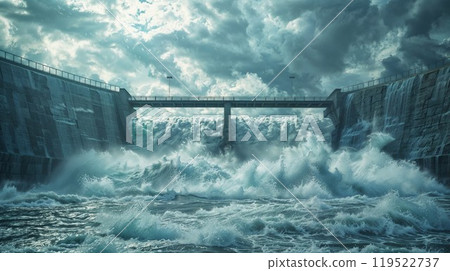 A sizable body of water is flowing out of a dam structure now 119522737