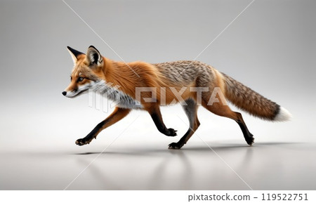A vibrant red fox is swiftly running across a pristine white surface 119522751