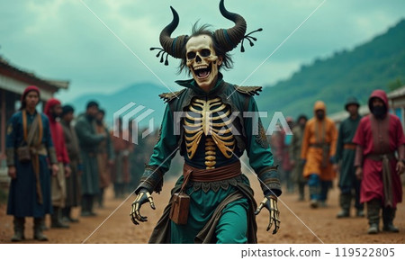 Shaman in an ethnic dress doing a mysterious ritual with skull mask. Black magic concept, fantasy. Paganism. Halloween 119522805