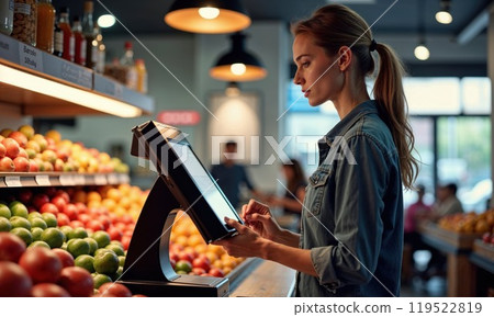 A woman is currently using a computer located in a grocery store 119522819
