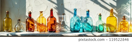 A beautifully arranged row of colorful glass bottles sitting on a shelf 119522846
