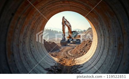 A bright yellow excavator is skillfully driving through a concrete pipe 119522851