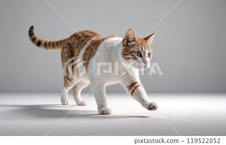 A brown and white cat is walking leisurely on a white surface 119522852