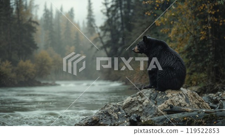 A brown bear sits on a rock overlooking the river below during the salmon run 119522853