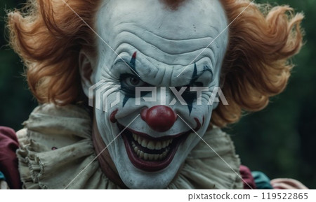 A closeup image of a frightening clown with a huge smile across his face 119522865