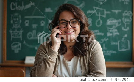 A woman in glasses talks on a cell phone by a blackboard 119522943