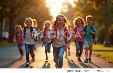 Cheerful children with colorful backpacks are running down a sunny street Cheerful children with colorful backpacks are running down a sunny street 119522949