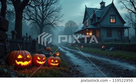 On Halloween, pumpkins glow in front of a spooky haunted house On Halloween, pumpkins glow in front of a spooky haunted house 119522950