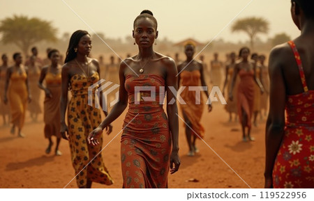 Empowered Women Dressed in Traditional Attire Gather on the Dusty Terrain at Sunset 119522956