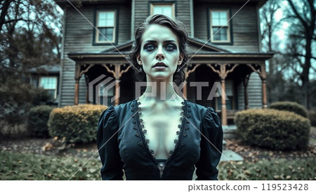 A woman in a stylish black dress stands in front of a beautiful house A woman in a stylish black dress stands in front of a beautiful house 119523428
