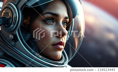 A woman is wearing an astronauts helmet 119523445