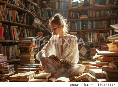 A woman sits comfortably on the floor reading a book in a library 119523447