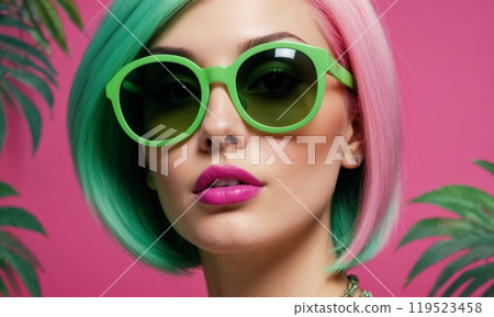 A woman with vibrant pink and green hair is wearing stylish green sunglasses 119523458