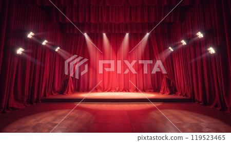 An empty theater stage adorned with red curtains and bright spotlights 119523465