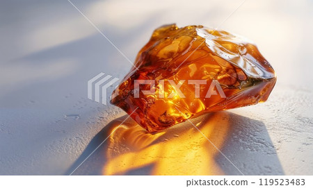 Natural amber. A piece of yellow opaque natural amber on white background 119523483