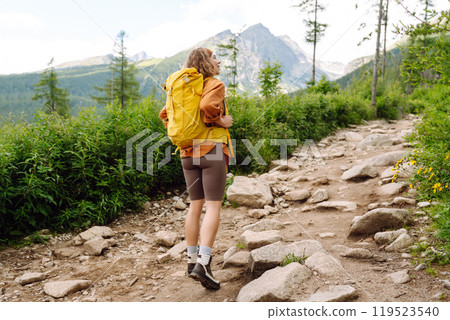 Woman traveler with yellow hiking backpack, hiking poles on trail among mountains. Adventure concept 119523540