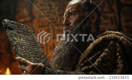 prophet Moses holds the tablets with the ten commandments The tablets contain a quote from the Bible, in Hebrew, translates as Do not take a life, Follow God's path 119523633