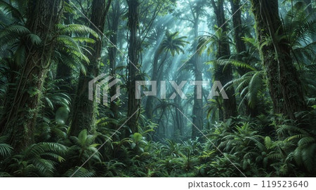 The bright sun is shining beautifully through the trees in the jungle The bright sun is shining beautifully through the trees in the jungle 119523640