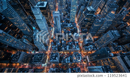 The view of downtown skyline skyscrapers from the top. City light bright night long exposure aerial above view The view of downtown skyline skyscrapers from the top. City light bright night long exposure aerial above view 119523641