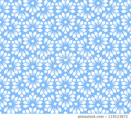 Flower geometric pattern. Seamless vector background. White and blue ornament. Ornament for fabric, wallpaper, packaging. Decorative print Flower geometric pattern. Seamless vector background. White and blue ornament. Ornament for fabric, wallpaper, packaging. Decorative print 119523672