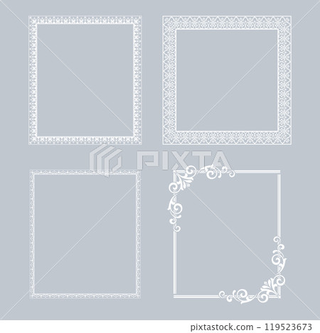 Set of decorative frames Elegant vector element for design in Eastern style, place for text. Floral gray and white borders. Lace illustration for invitations and greeting cards Set of decorative frames Elegant vector element for design in Eastern style, place for text. Floral gray and white borders. Lace illustration for invitations and greeting cards 119523673
