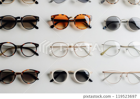 Variety of stylish eyewear neatly arranged against a clean, white backdrop 119523697
