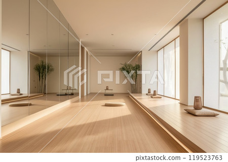 Minimalist yoga studio interior featuring bamboo floors and natural light 119523763