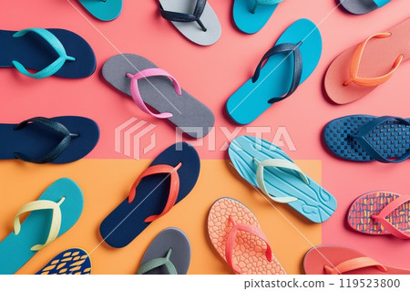 Vibrant flat lay display featuring a variety of flip-flops and sandals 119523800
