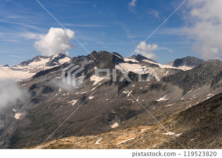 Rugged Mountain Peaks with Snow Patches and Clear Sky 119523820