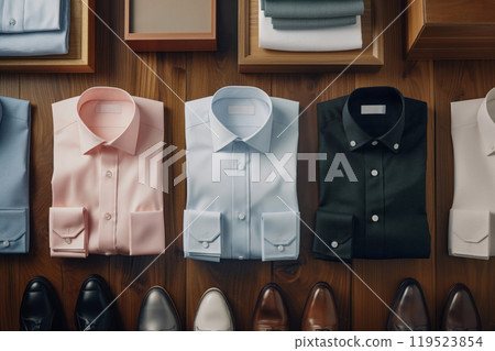 Top view of a men's collection including dress shirts, shoes, and ties neatly arranged Top view of a men's collection including dress shirts, shoes, and ties neatly arranged 119523854