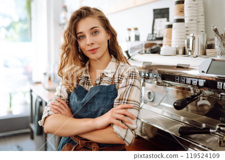 Startup successful small business owner beauty woman stand in coffee shop restaurant. Business. Startup successful small business owner beauty woman stand in coffee shop restaurant. Business. 119524109