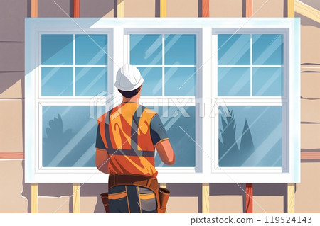 Illustration of the step-by-step process of window installation by a skilled construction worker at a construction site as part of a home improvement and renovation project. With a focus on safety Illustration of the step-by-step process of window installation by a skilled construction worker at a construction site as part of a home improvement and renovation project. With a focus on safety 119524143