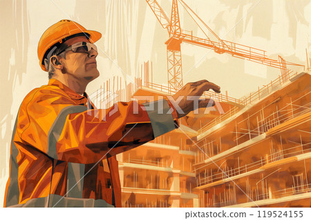 Illustration of a focused construction site manager in a hard hat supervising the building progress Illustration of a focused construction site manager in a hard hat supervising the building progress 119524155