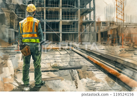 Illustration of a construction site manager supervising a building project, equipped with safety gear 119524156