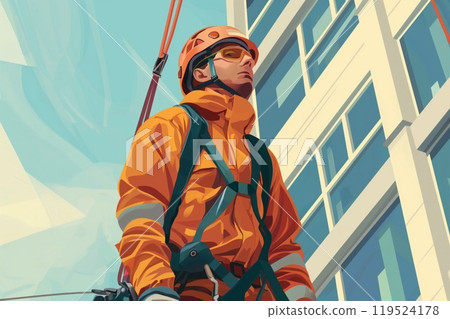 Illustration of a focused construction worker in full safety attire against a building backdrop 119524178