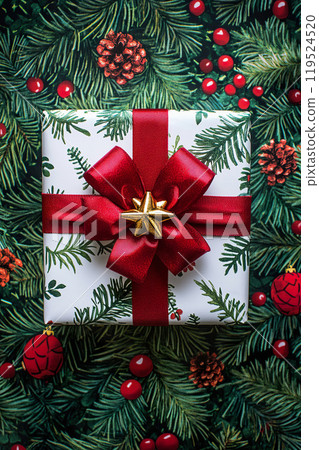 Festive Gift Box with Red Ribbon on Christmas... - Stock Illustration ...
