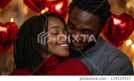 A happy young couple in love enjoys Valentine's Day surrounded by heart decorations 119524537