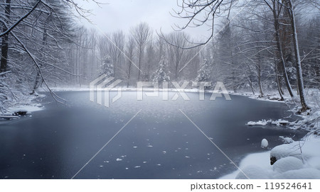 Serene frozen lake surrounded by snow-covered trees in a tranquil forest 119524641