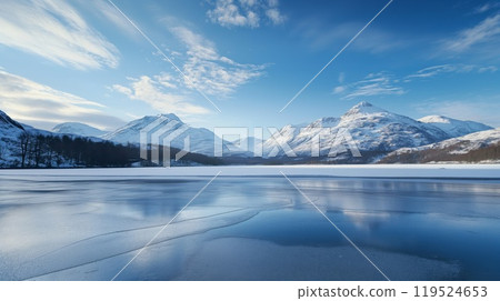 Tranquil scene of a frozen lake with snow-capped mountains under a clear blue sky 119524653