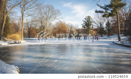Skaters gliding across the ice of a serene frozen pond surrounded by snow-kissed trees 119524654