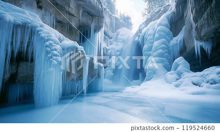 Waterfall in winter with ice hanging from it Waterfall in winter with ice hanging from it 119524660