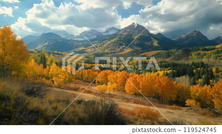 Breathtaking view of a mountain range in autumn with vibrant foliage Breathtaking view of a mountain range in autumn with vibrant foliage 119524745