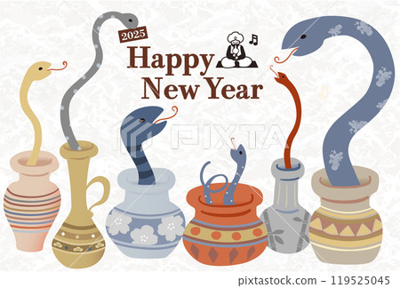 2025 New Year's postcard template with a pop illustration of the zodiac snake emerging from many vases 119525045