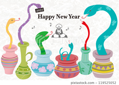 2025 New Year's postcard template with a pop illustration of the zodiac snake emerging from many vases 2025 New Year's postcard template with a pop illustration of the zodiac snake emerging from many vases 119525052
