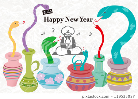 2025 New Year's postcard template with a pop illustration of the zodiac snake emerging from many vases 119525057