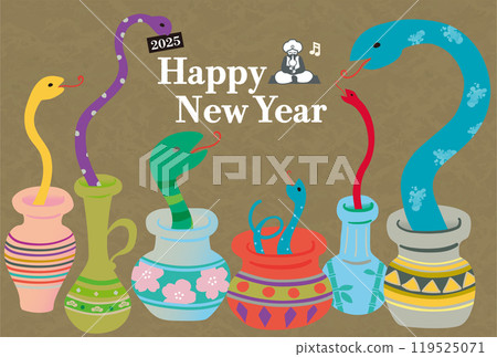 2025 New Year's postcard template with a pop illustration of the zodiac snake emerging from many vases 119525071