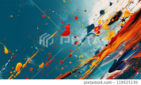 Vibrant abstract composition featuring dynamic splashes of colorful paint against a contrasting backdrop 119525130