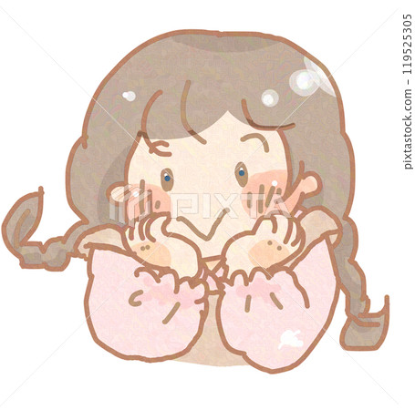 Smiling girl posing with her chin on her hands Smiling girl posing with her chin on her hands 119525305