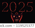 2025 on a black background in a horror style with an image of the devil, created using a neural network 119525377