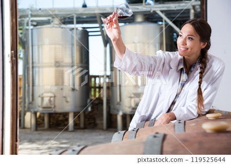 Professional woman checks the wine at factory Professional woman checks the wine at factory 119525644